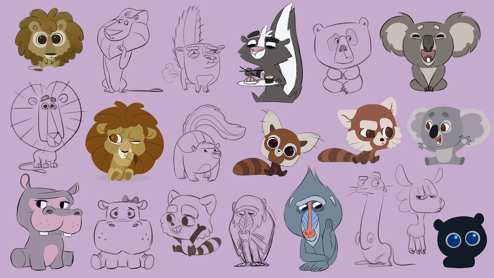 A character design sheet from Herkkuzoot animation production for Veikkaus, showing sketches and colored images of all the different designs for the animals of Herkkuzoot.