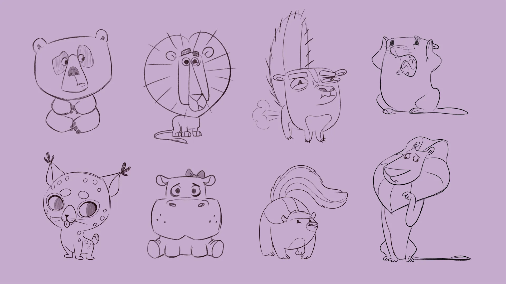 A character design sketch sheet with line art versions of various characters for the Veikkaus Herkkuzoot 2D character animation production.