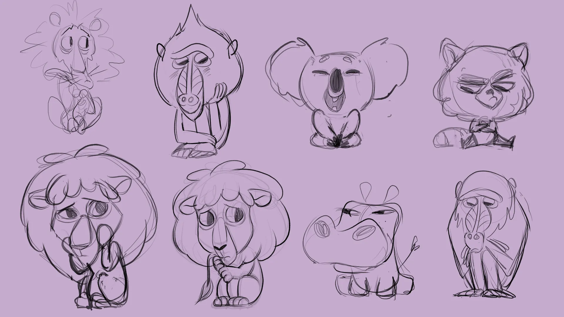 A character design sketch sheet with line art versions of various characters for Veikkaus Herkkuzoot.