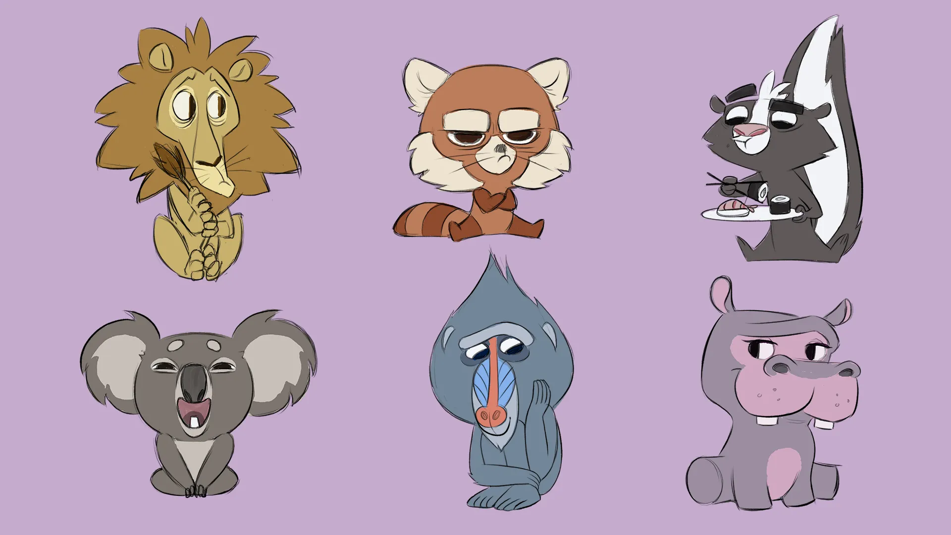 A character design sketch sheet with color sketch versions of various characters for the Veikkaus Herkkuzoot 2D character animation production.