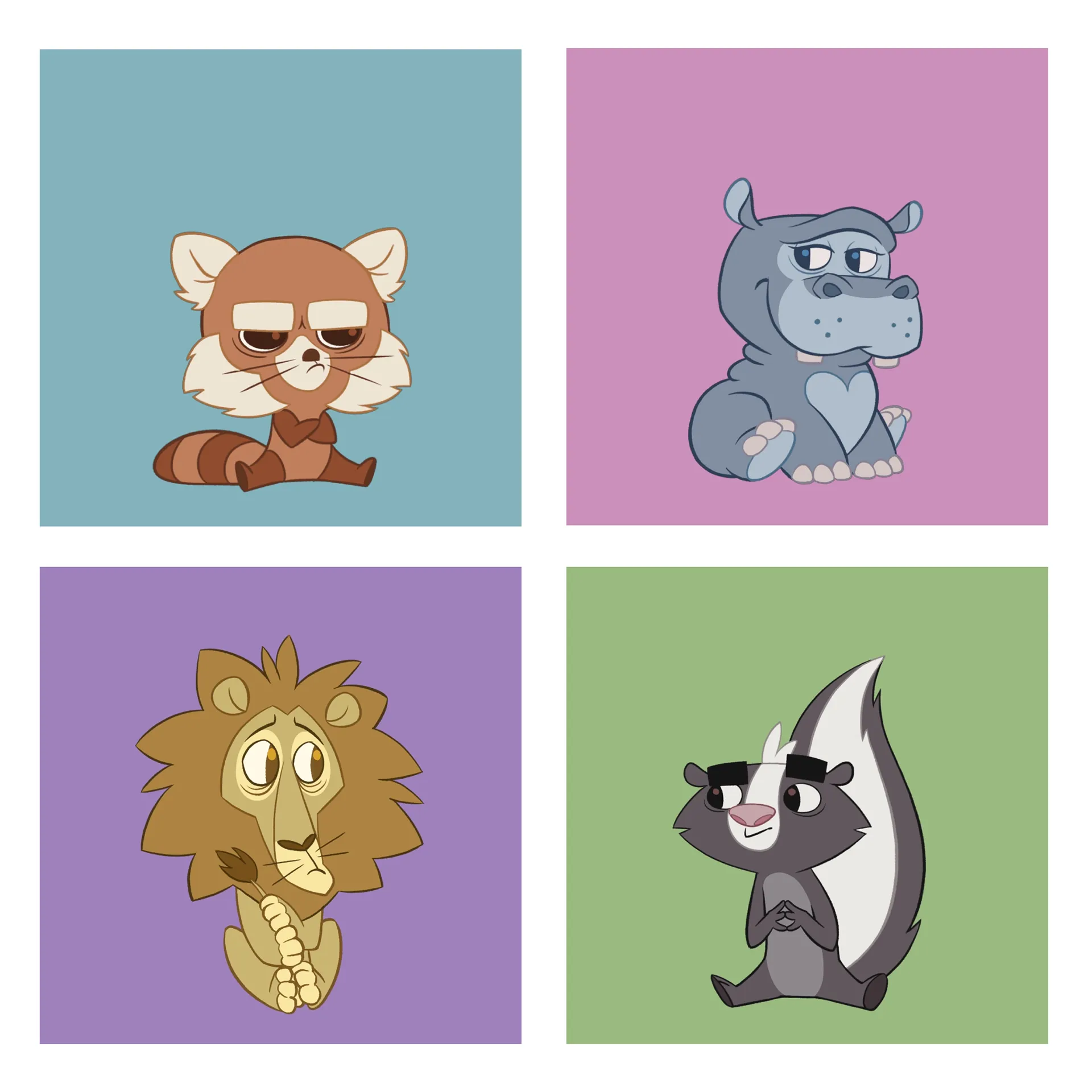 Four characters from the 2D animation production Herkkuzoot made for Veikkaus.