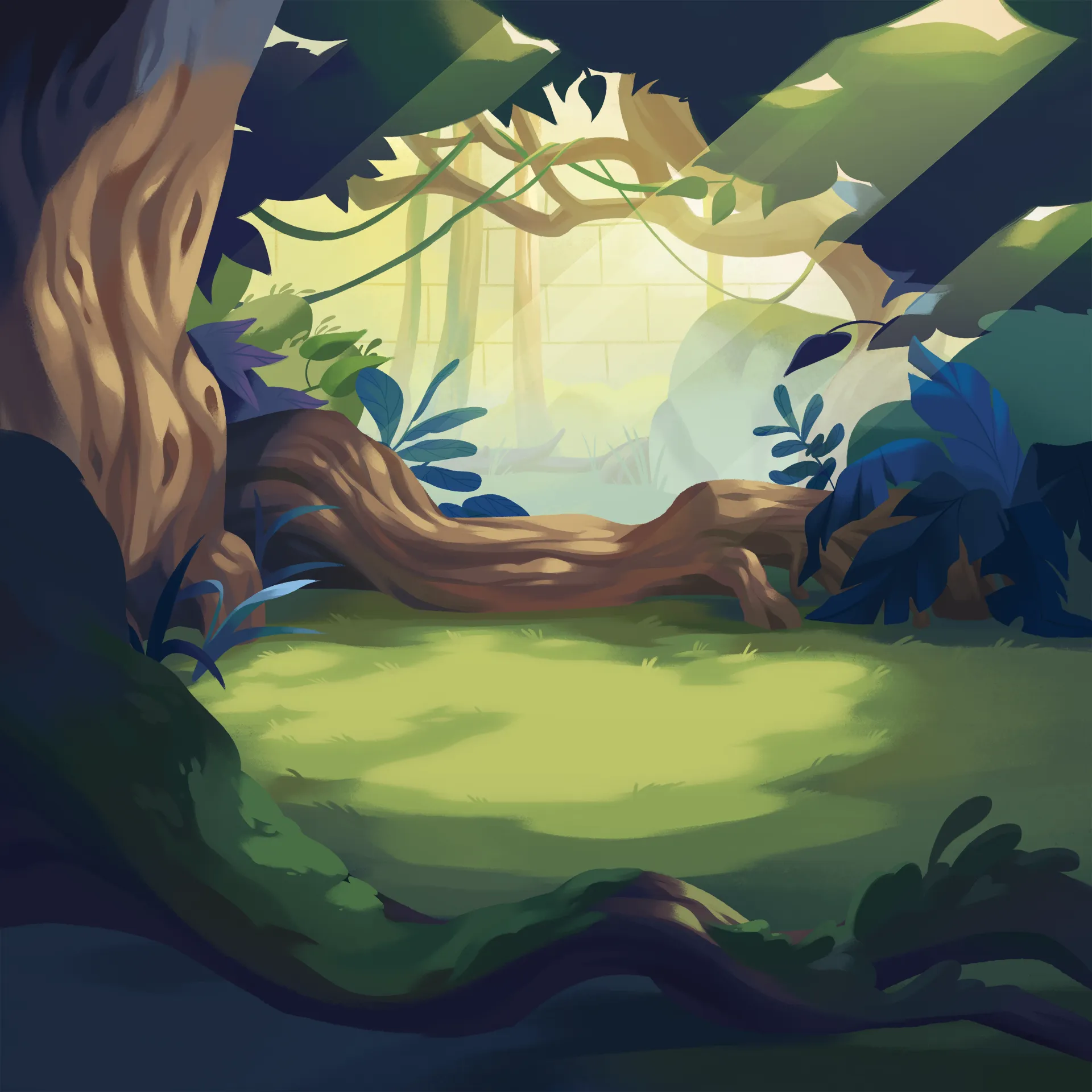 A digital background illustration for Veikkaus Herkkuzoot, showing a jungle with lush tall trees and a clear center opening in the middle.