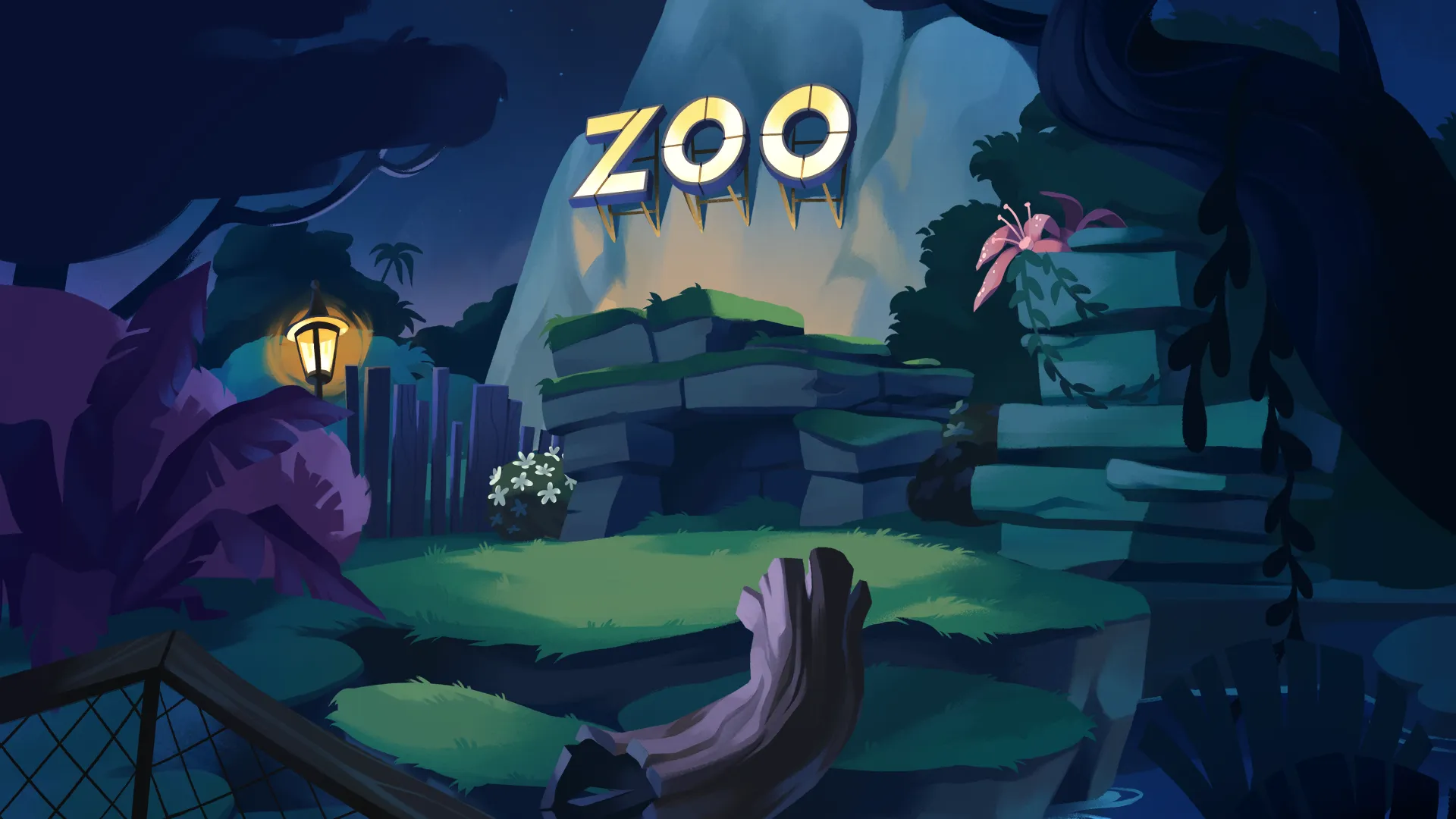 A digital background illustration for Veikkaus Herkkuzoot, showing the main sign of the zoo.