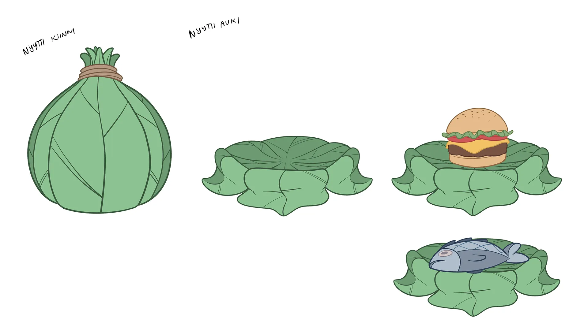 A set of images showing the opening stages of a surprise leaf sack, containing a delicious food item.