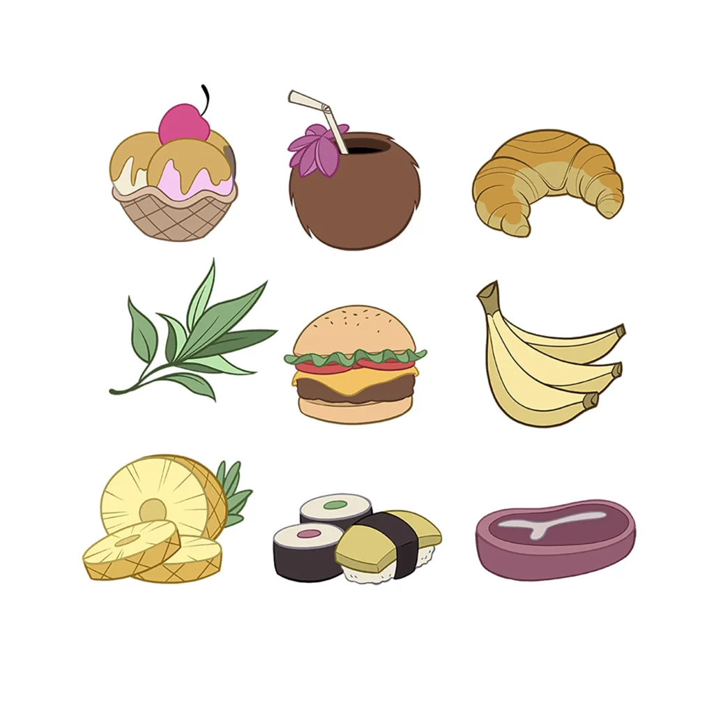 Collection of food props designed for Veikkaus Herkkuzoot 2D animation production.