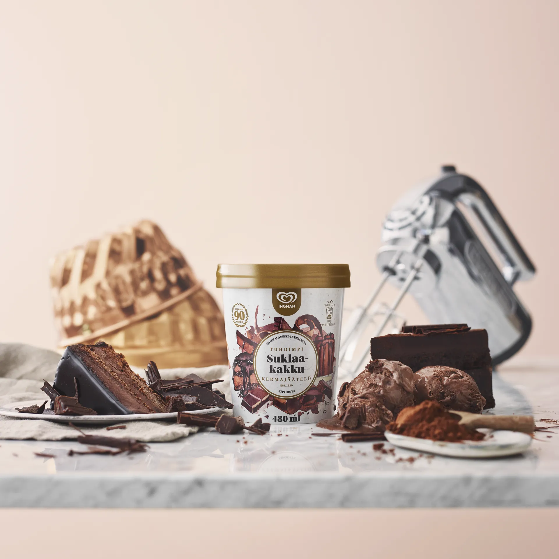 A photographed packshot for Ingman Cake Ice Creams with the chocolate flavor variant.