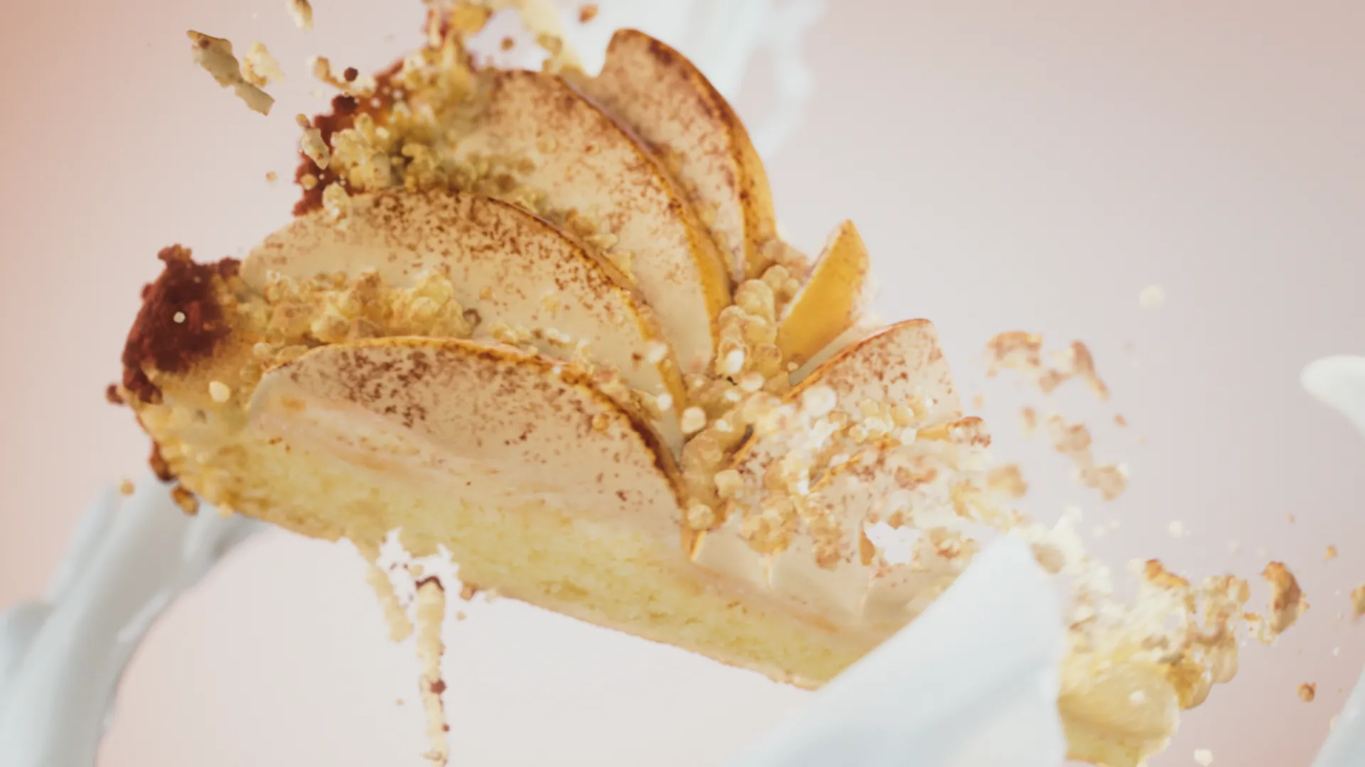 A slice of apple pie with swirls of cream surrounding it. A still image from a 3D ice cream animation for Ingman.
