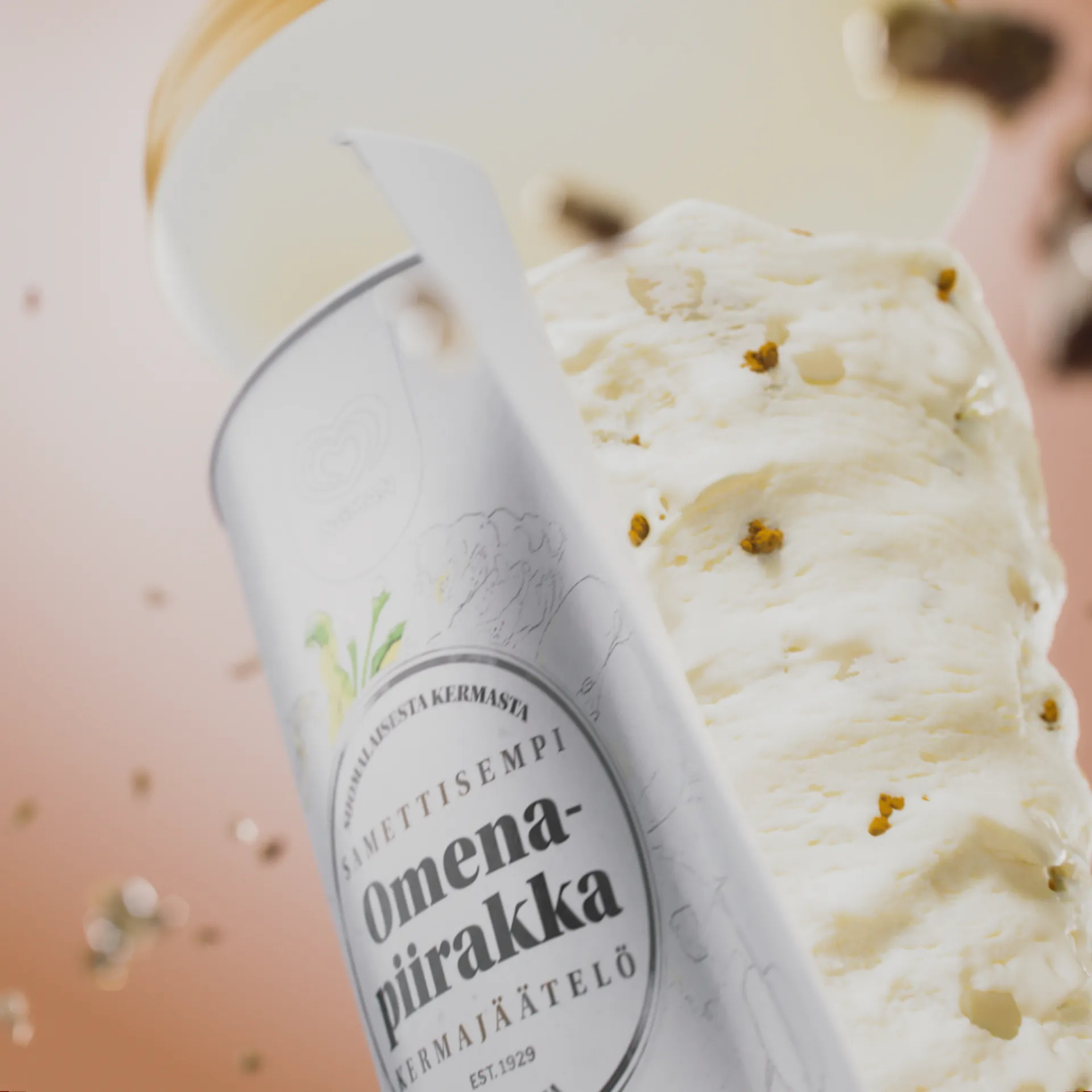 Image of an ice cream can, as the packaging and lid wrap around the body of ice cream. A still image from a 3D ice cream animation made for Ingman.