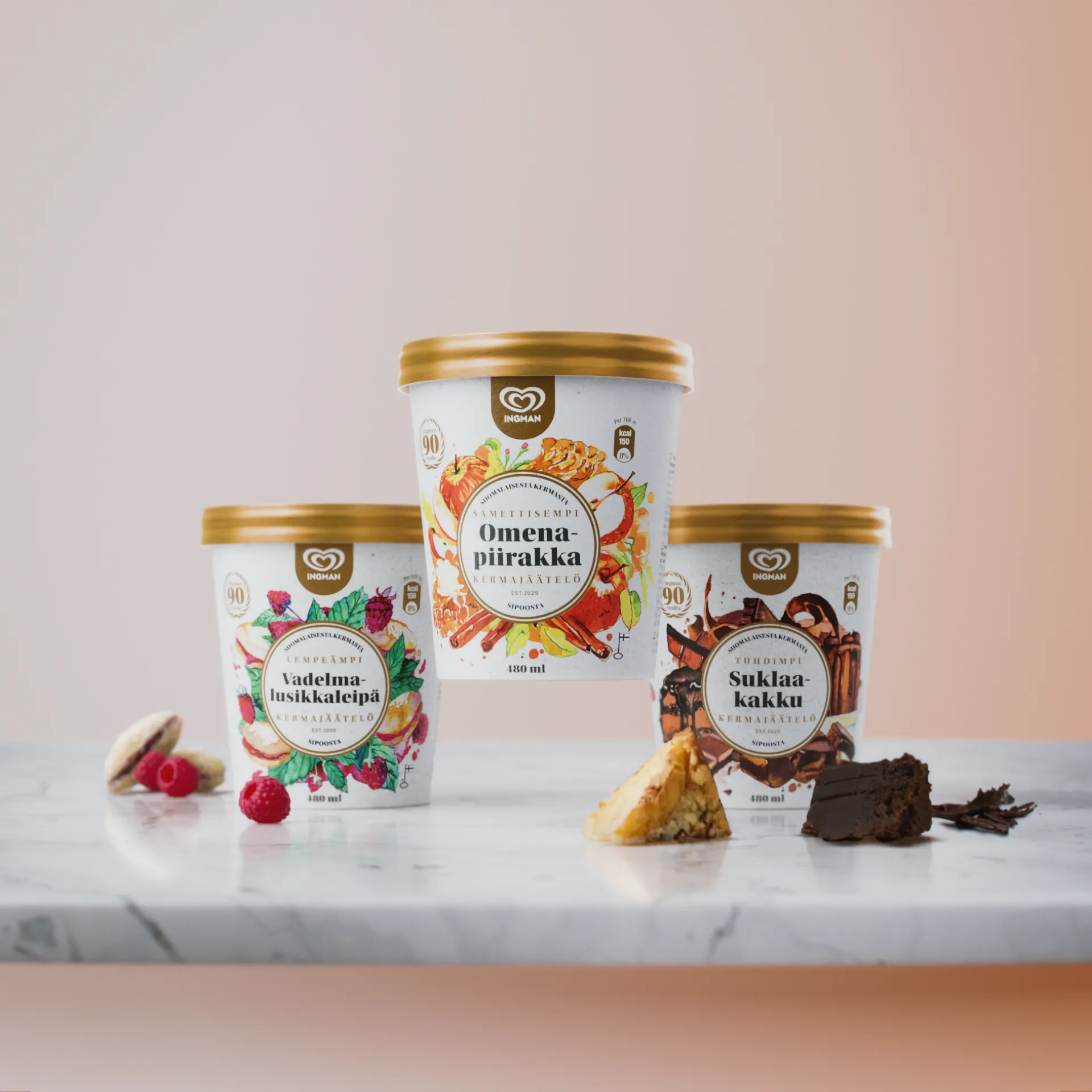 A still image of an ice cream packshot, with three ice cream cans on a marble slab. Still image from a 3D ice cream animation made for Ingman.