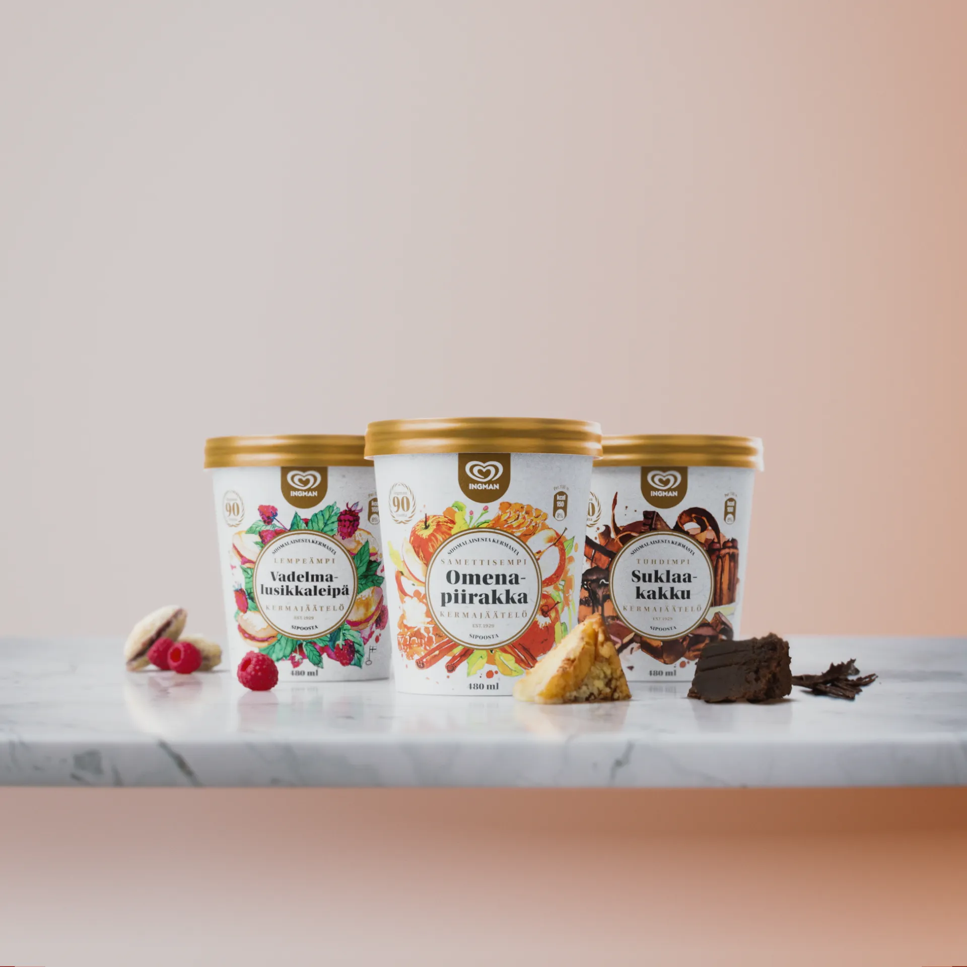 A still image of an ice cream packshot, with three ice cream cans on a marble slab. Still image from a 3D ice cream animation made for Ingman.