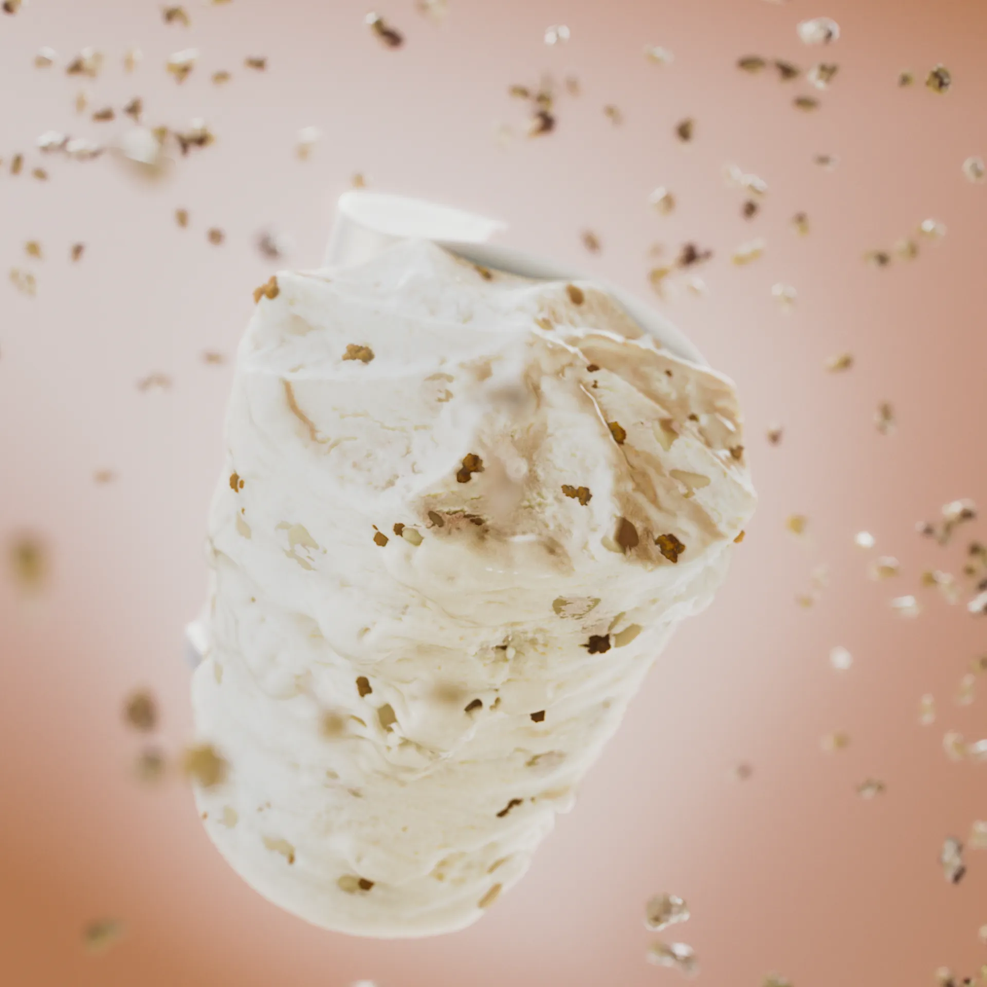 Image of a ice cream with pieces of apple pie. The ice cream is surrounded by swirls of cream. Still image from an animation made for Ingman Cake Ice Creams.
