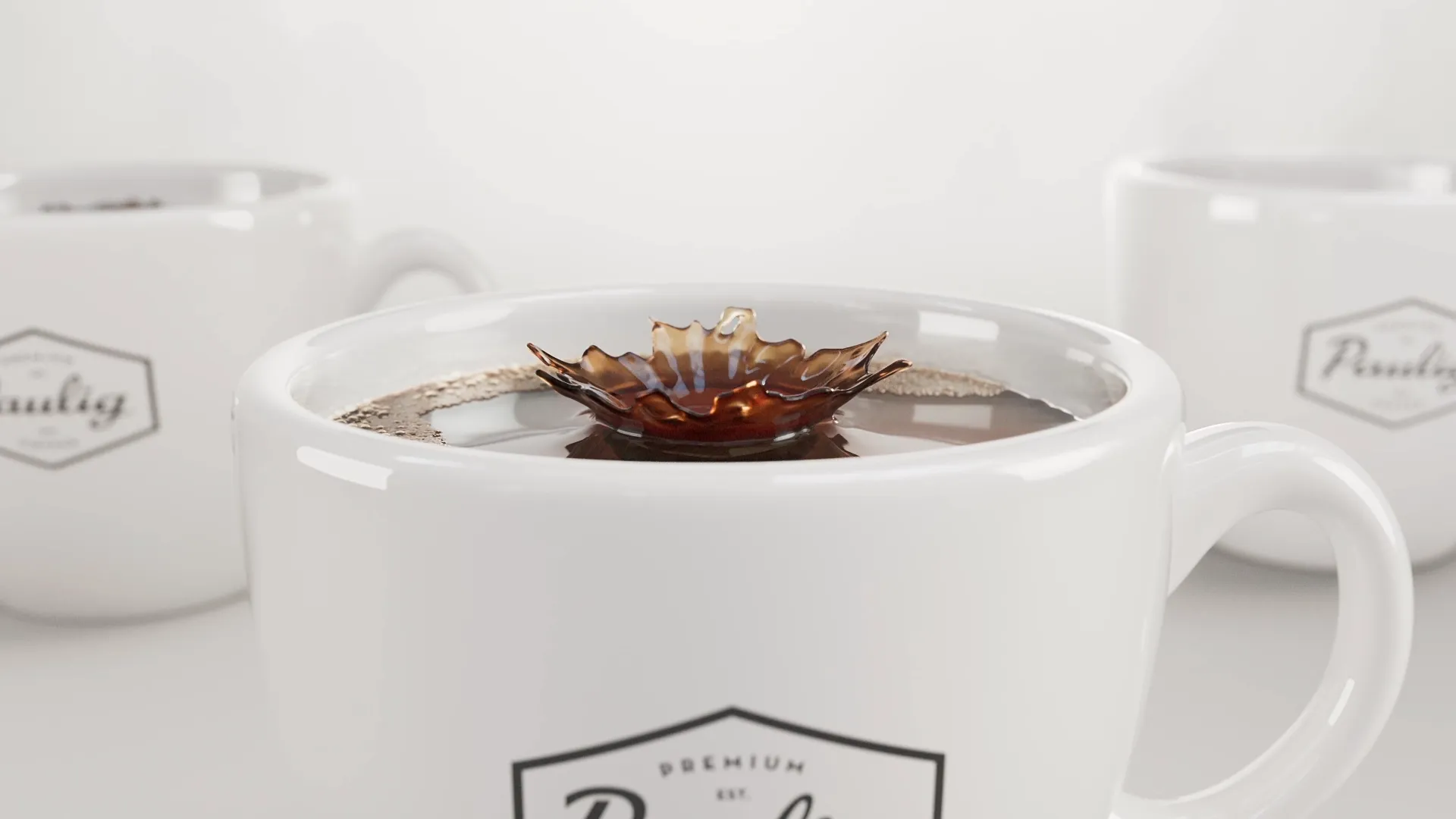A close up of a cup of coffee with a splash effect. Still image from an animation made for Paulig City Coffee ad using liquid simulation and 3D animation.