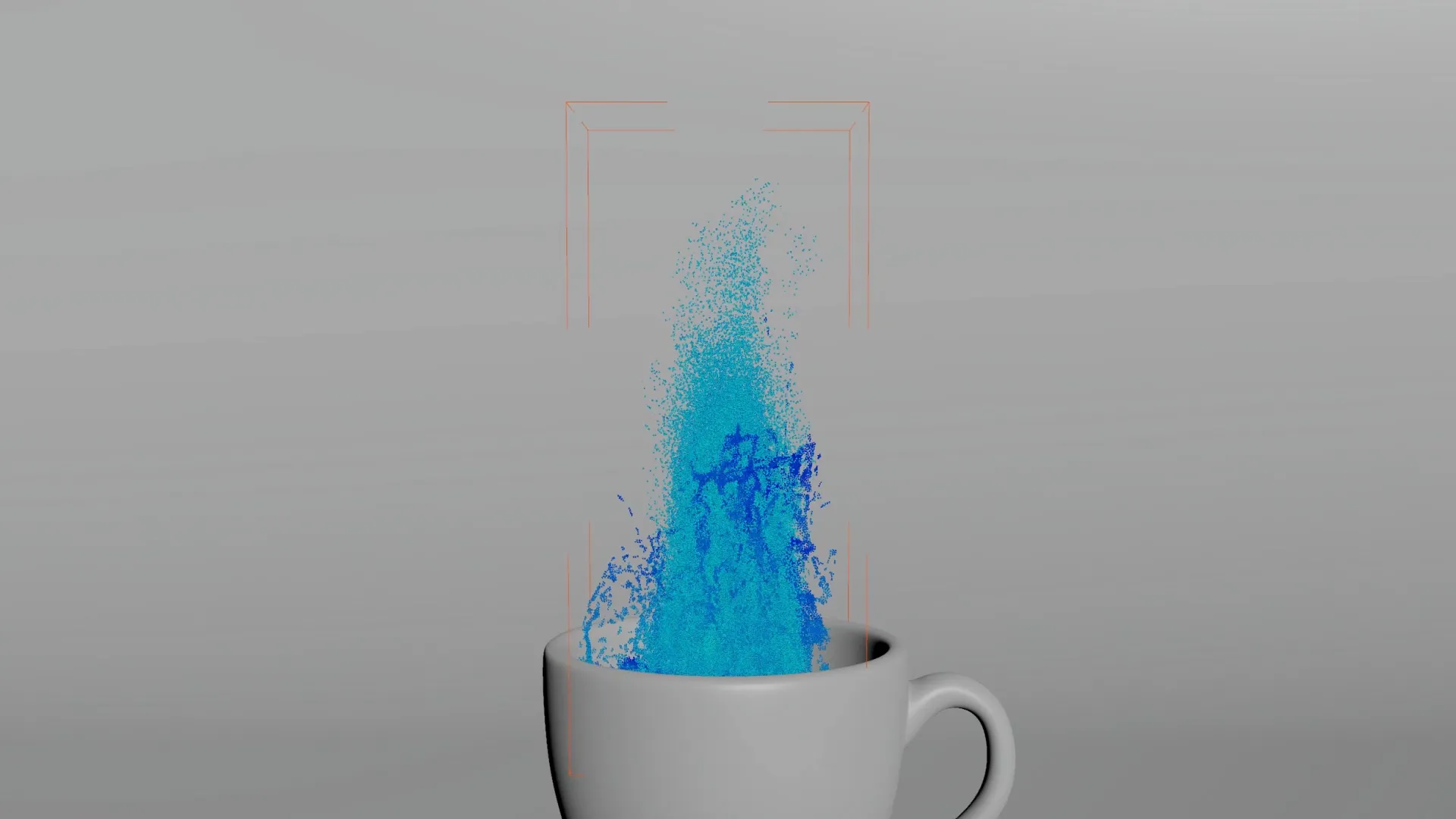 An intermediate version of a liquid simulation for Paulig City Coffee. The image is from a 3D animation program, displaying the viewport, showing a version of the liquid simulation in action.