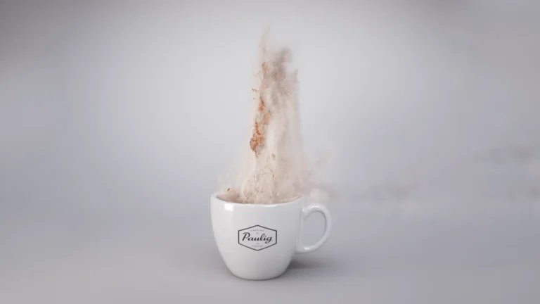 A cup of coffee with a geysir, from an animated ad for Paulig City Coffee made using liquid simulations and 3D animation.