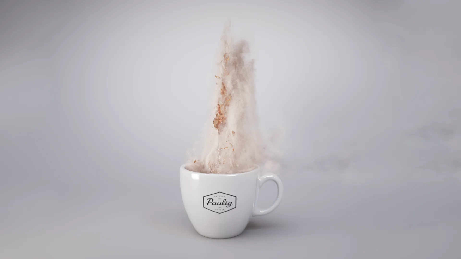 A cup of coffee with a geysir, from an animated ad for Paulig City Coffee made using liquid simulations and 3D animation.