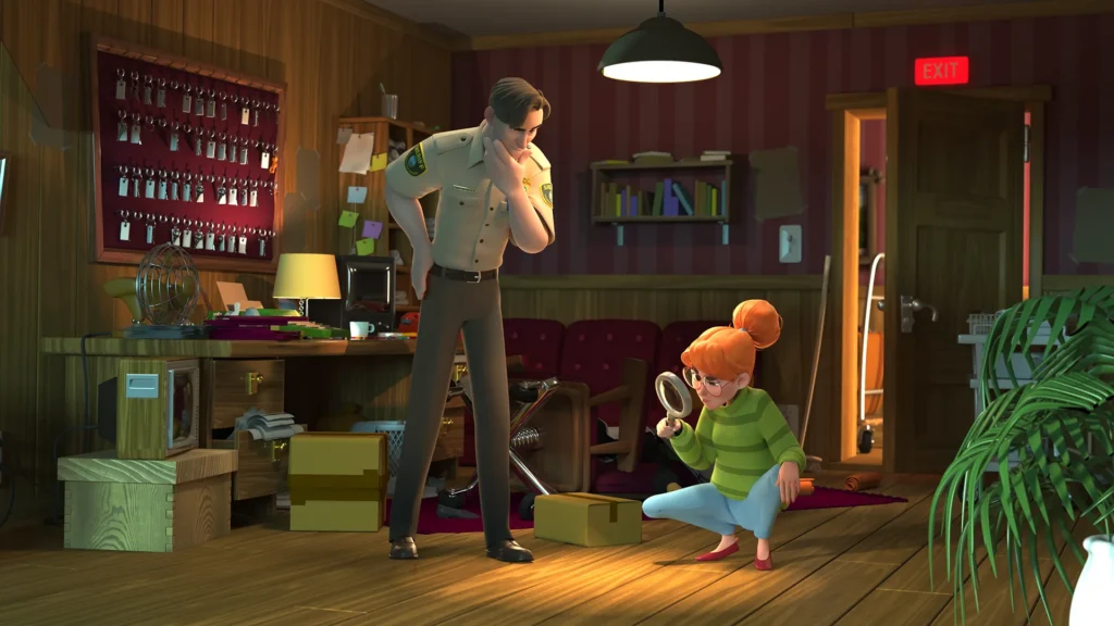 A screengrab image from the 3D character animation production we made for the game marketing animation project for Rovio Small Town Murders.