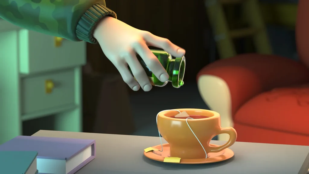 A screengrab image from the 3D character animation production we made for the game marketing animation project for Rovio Small Town Murders.