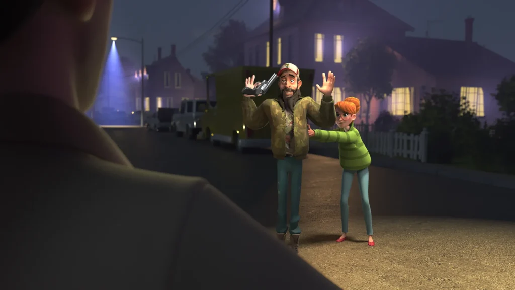 A screengrab image from the 3D character animation production we made for the game marketing animation project for Rovio Small Town Murders.