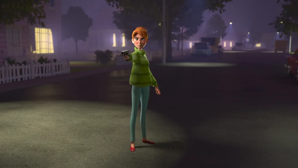 A screengrab image from the 3D character animation production we made for the game marketing animation project for Rovio Small Town Murders.