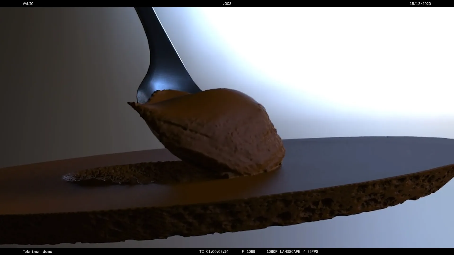A framegrab from a technical simulation demo made for Valio Herkku 3D mousse commercial.