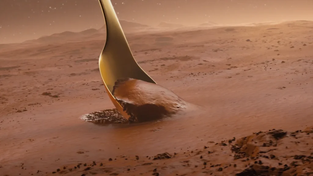 A still frame from an animation of a 3D chocolate mousse commercial made for Valio Herkku. In the image there is a giant spoon taking a scoop out of a chocolate mousse planet surface.