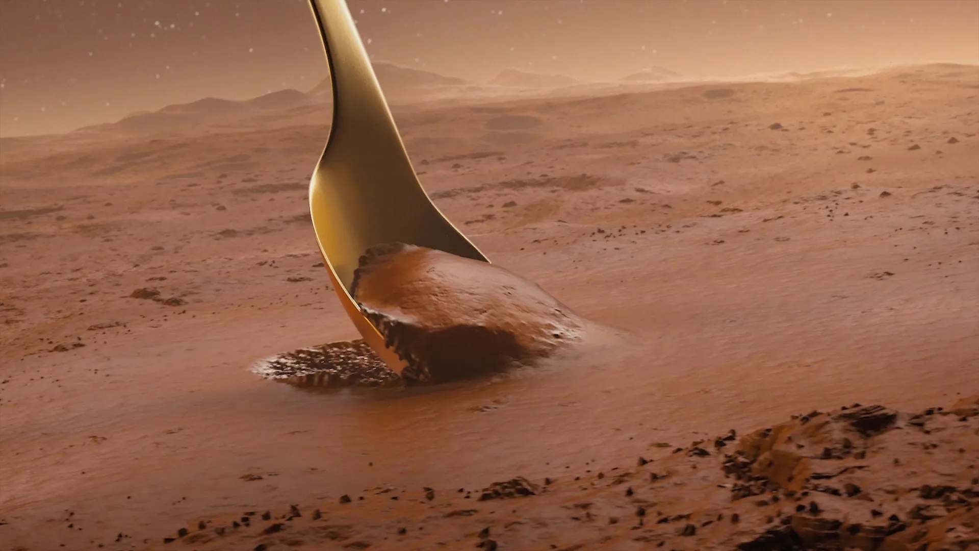 A still frame from an animation of a 3D chocolate mousse commercial made for Valio Herkku. In the image there is a giant spoon taking a scoop out of a chocolate mousse planet surface.