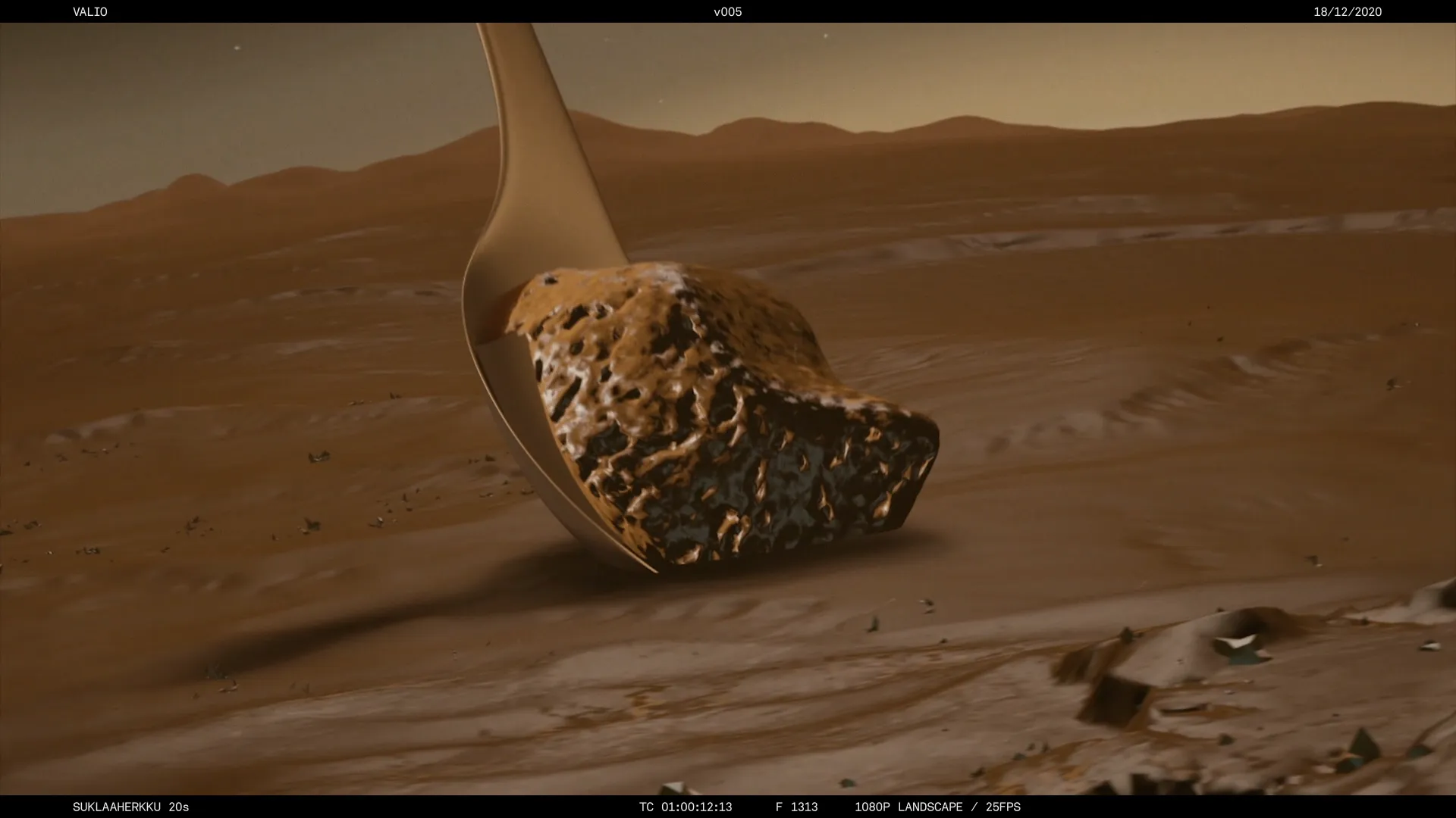 A still frame from a previz version of the 3D chocolate mousse commercial we made for Valio Herkku.