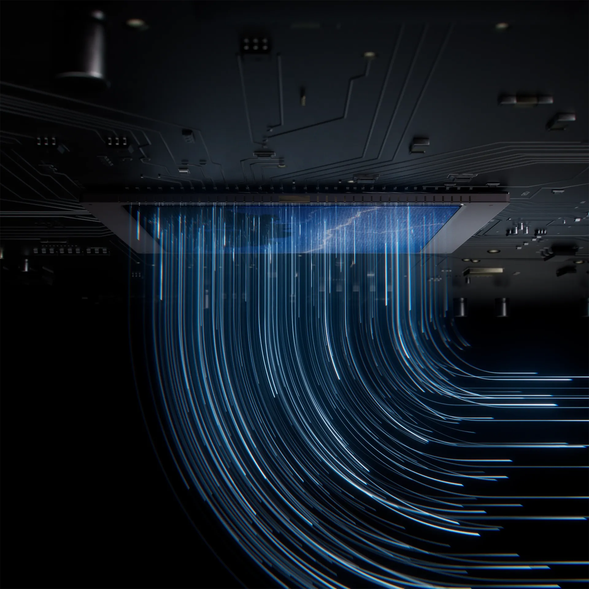 Image of the back end of a sensor of the Zeiss ZX1 camera, with streams of data flowing. Still frame from a high-end high tech 3D product animation we made for Zeiss.