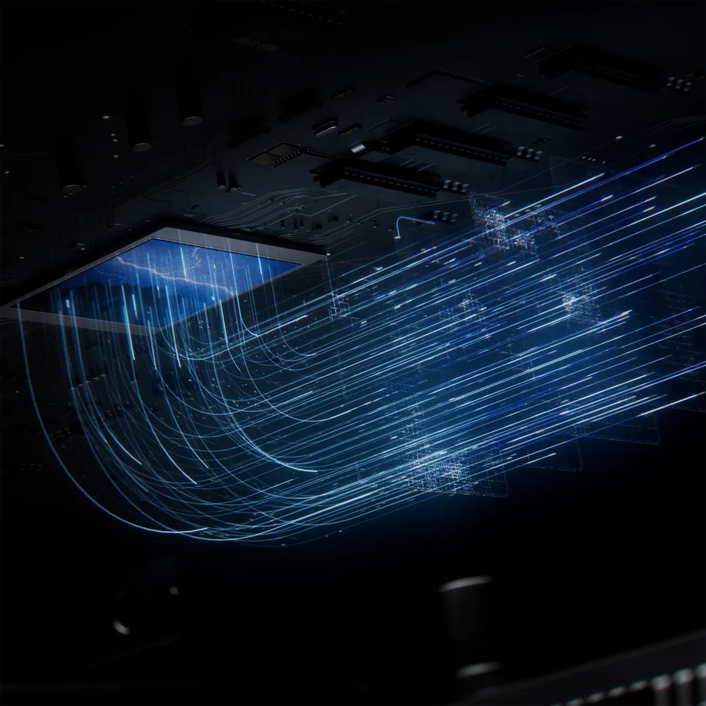 Image of the back end of a sensor of the Zeiss ZX1 camera, with streams of data flowing. Still frame from a high-end high tech 3D product animation we made for Zeiss.