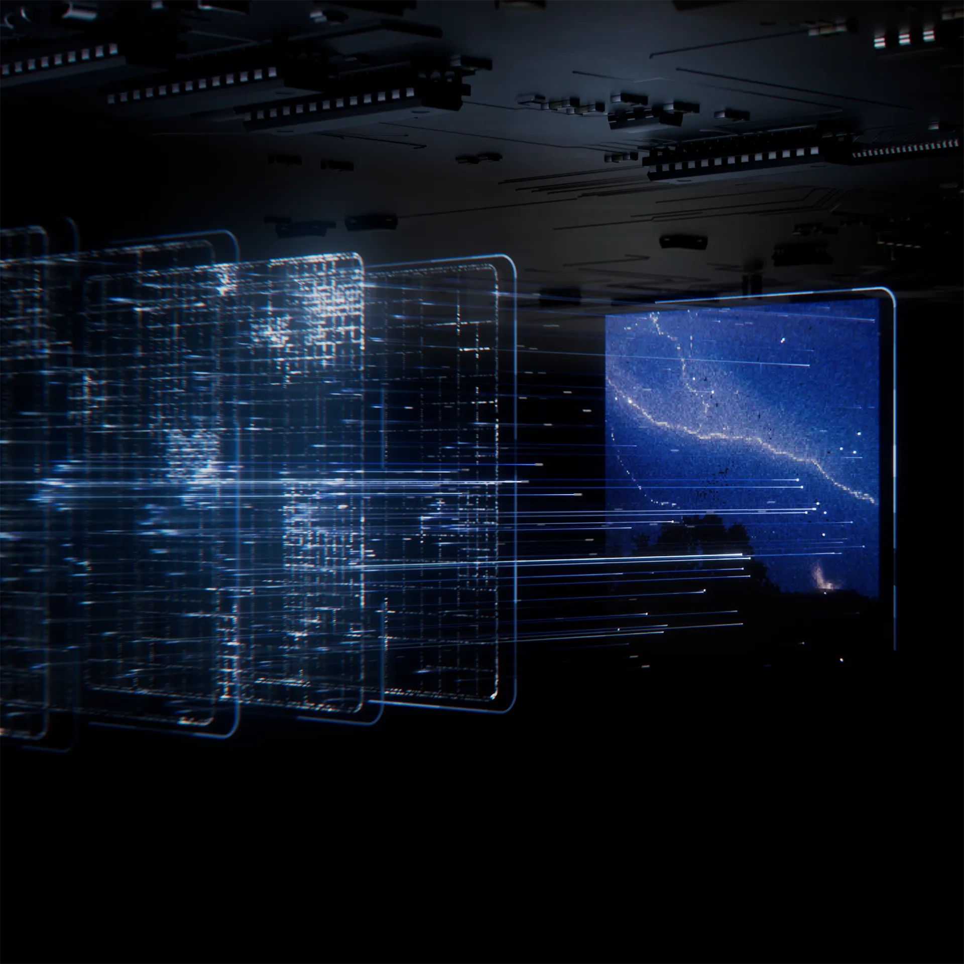 Image of the back end of a sensor of the Zeiss ZX1 camera, with streams of data flowing. Still frame from a high-end high tech 3D product animation we made for Zeiss.