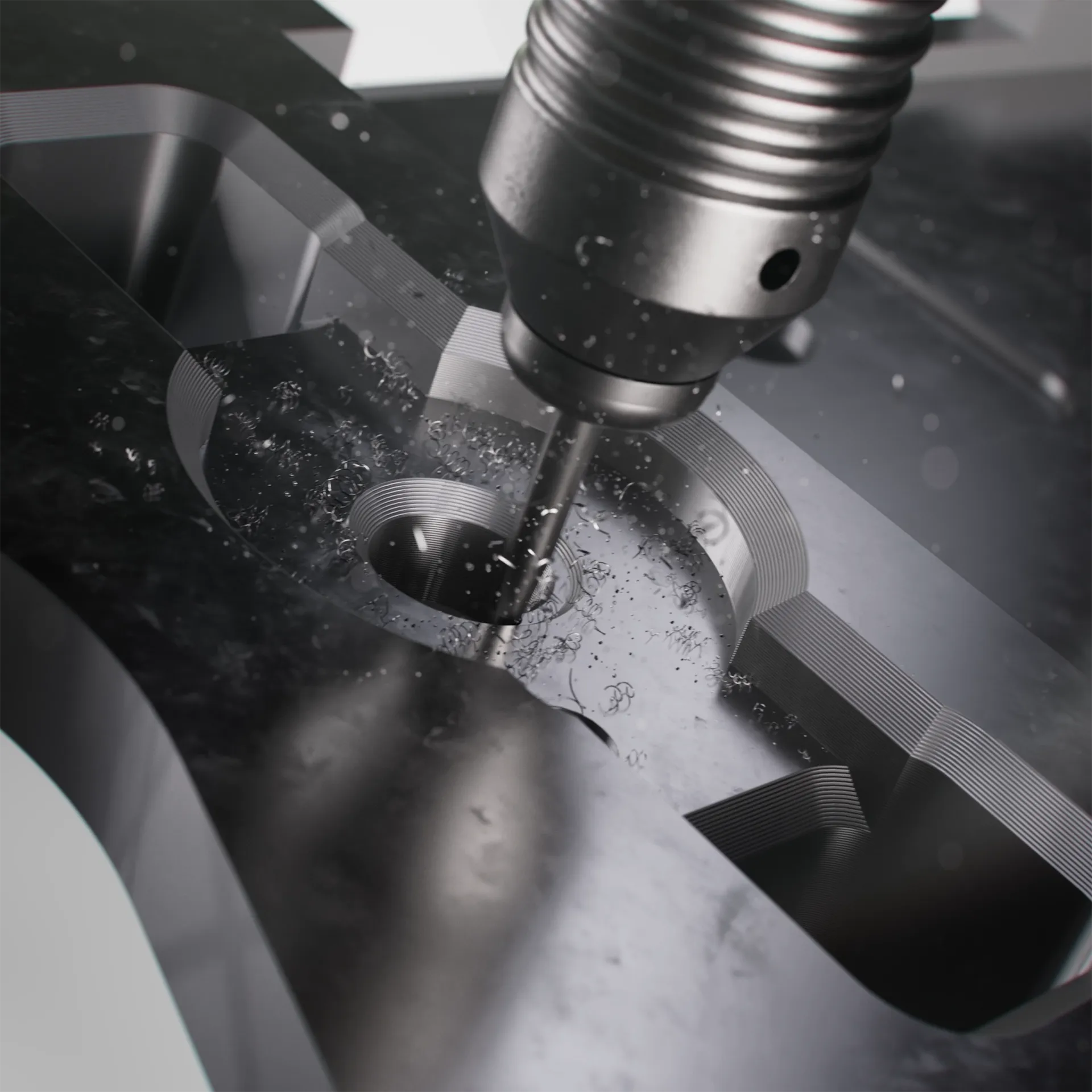 Close up image of a high-end high tech 3D product animation we made for Zeiss. In the image we can see a 3D rendering of a milling machine working on the frame structure of the camera.
