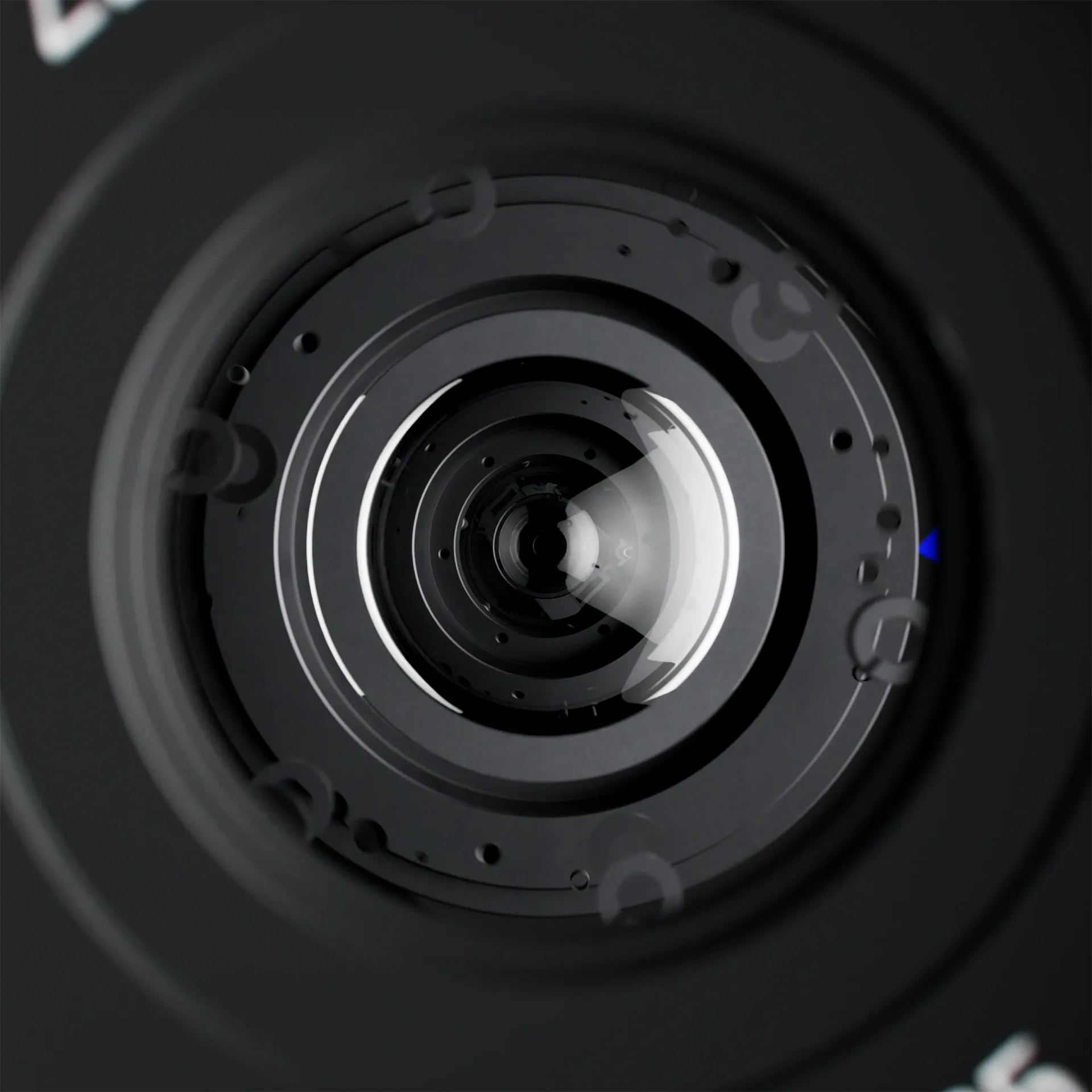 Extreme close up image of the objective of the Zeiss ZX1 camera looking through the lens.