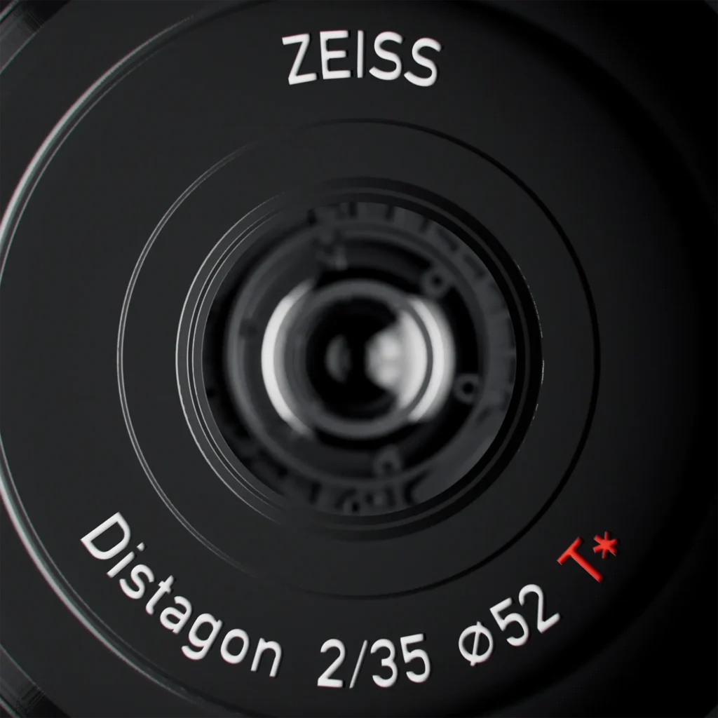 Extreme close up image of the objective of the Zeiss ZX1 camera looking through the lens.