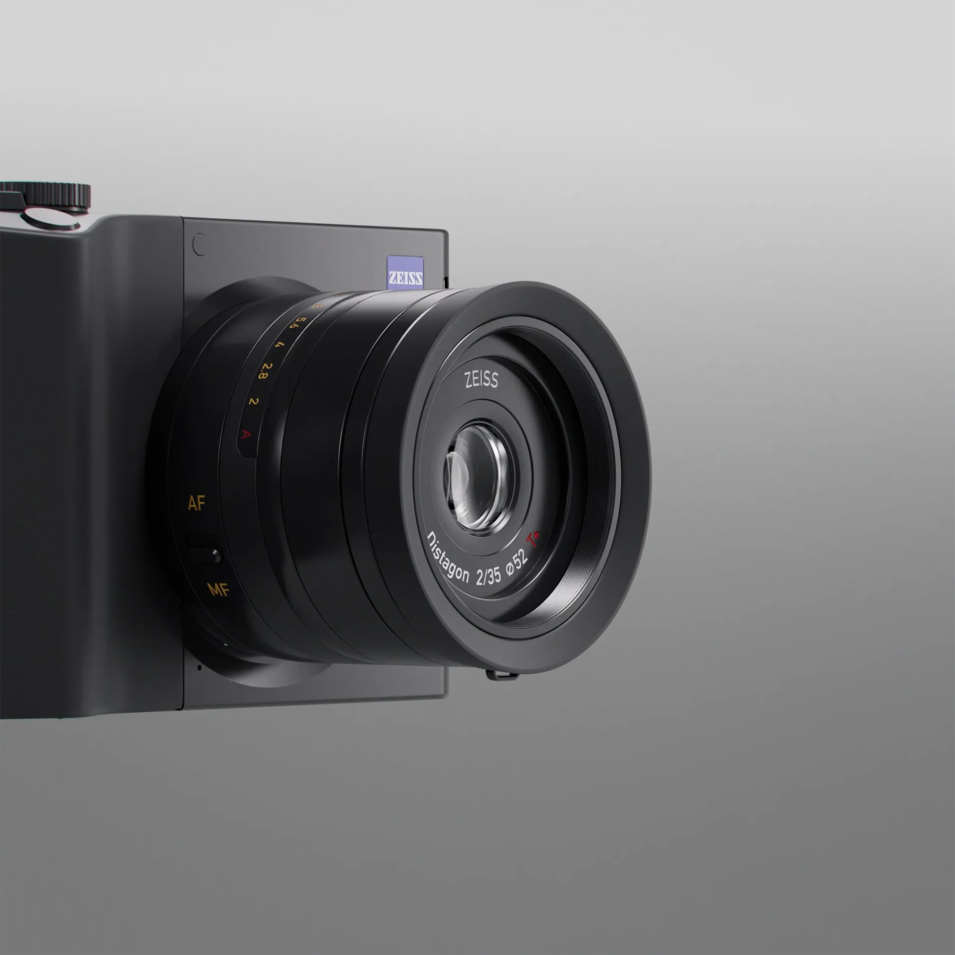 Medium close up image of a Zeiss ZX1 camera. Still image from a high-end high tech 3D product animation we made for Zeiss.