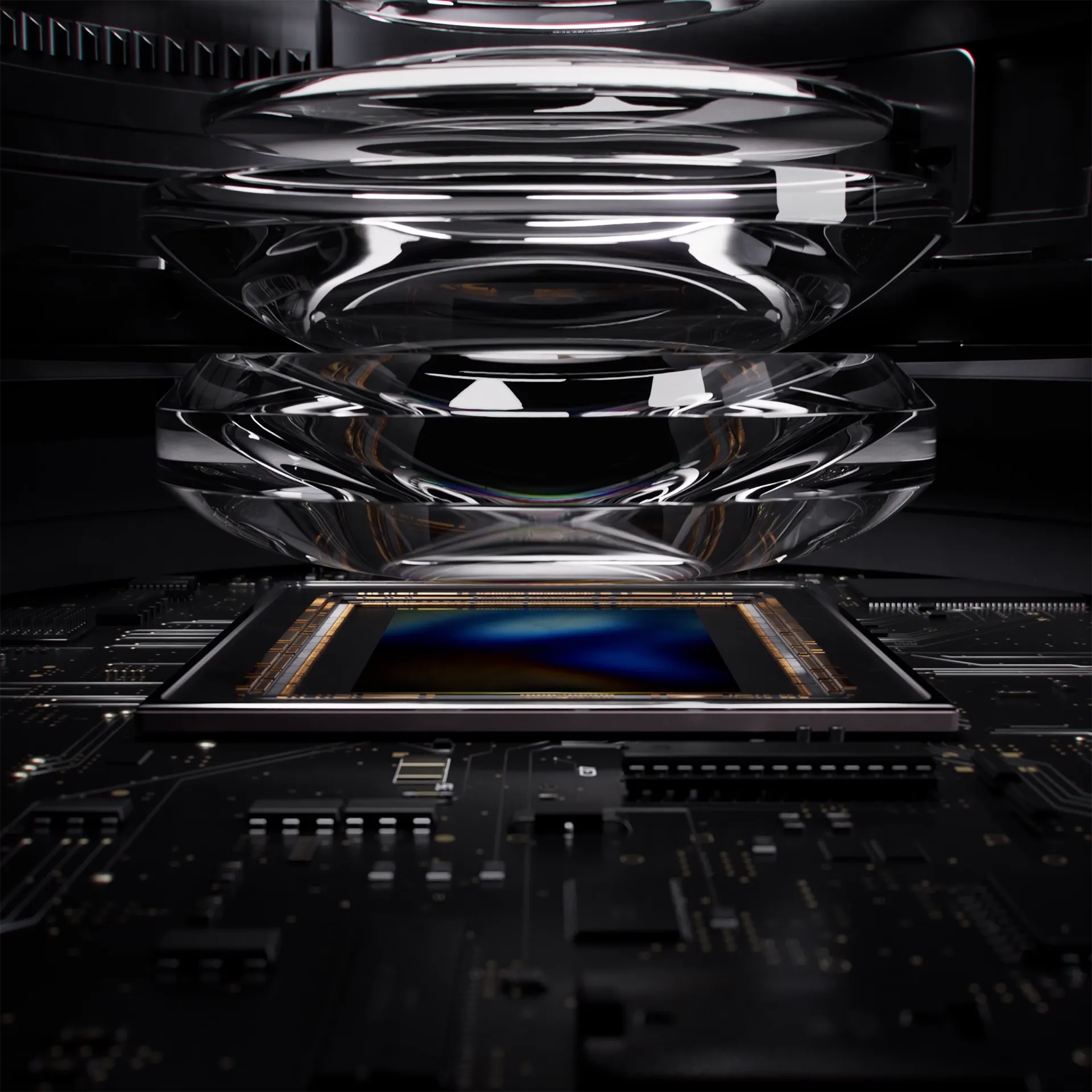 Image of the lens glass array and the sensro of a Zeiss ZX1 camera. Still image from a 3D animation made for Zeiss.