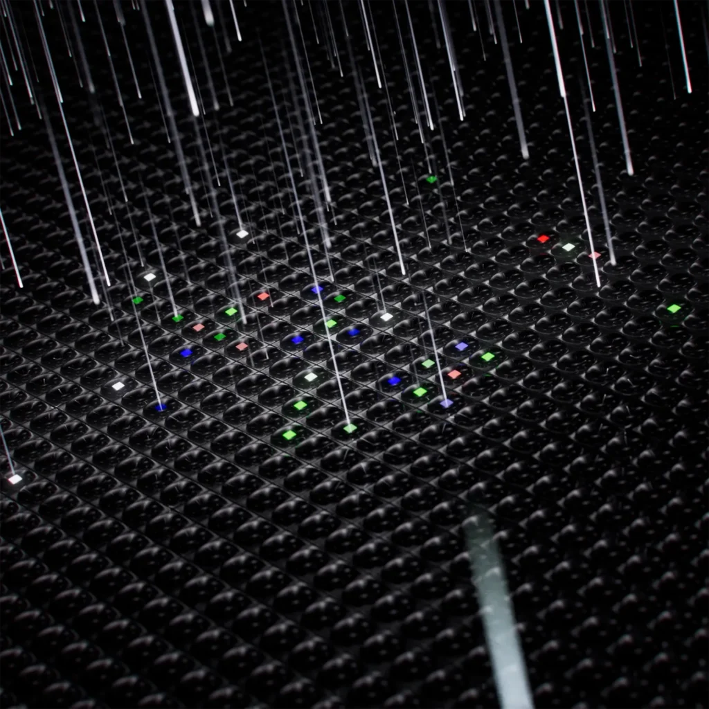 Image of a multiple photons hitting a part of a photosensitive sensor of a Zeiss ZX1 camera. Still frame from a high-end high tech 3D product animation made for Zeiss.