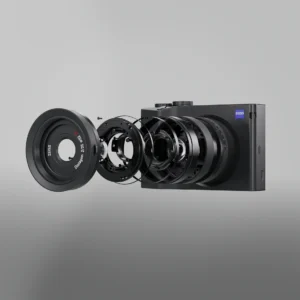 An exploded view of the objective of the Zeiss ZX1 camera. Still frame from a high-end high tech 3D product animation made for Zeiss.