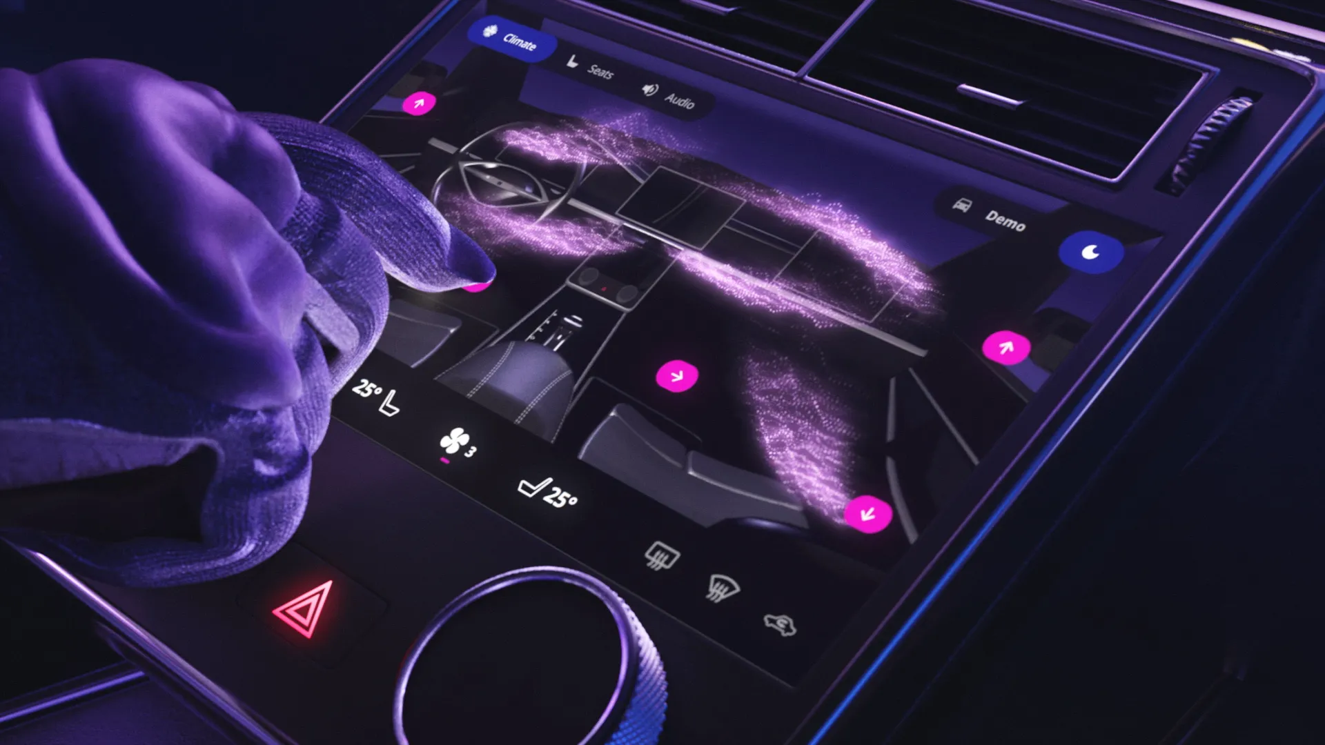 A view of a user interface in a car. A still image from the automotive industry animation called "Outrun" made for Qt.