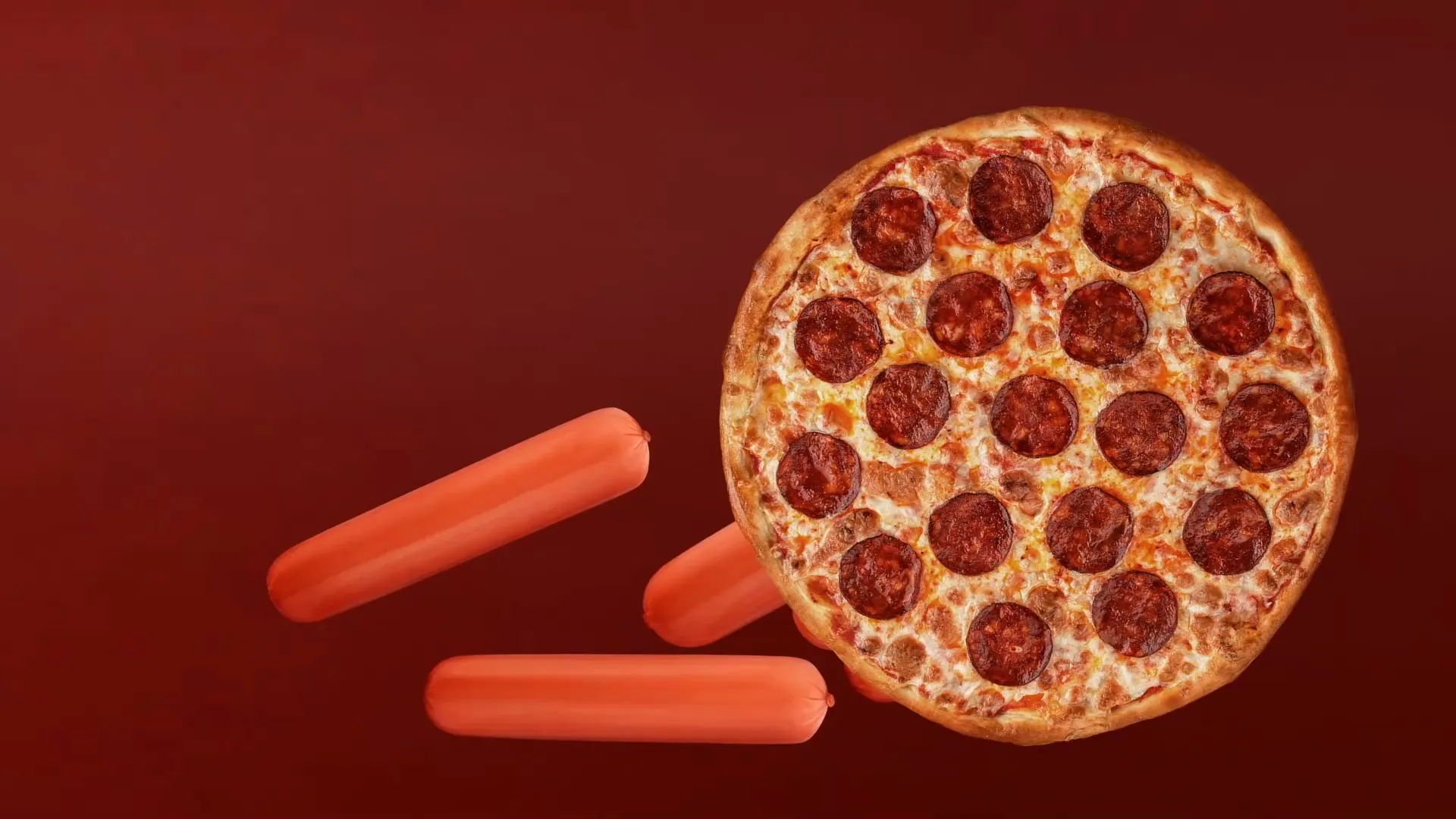A photograph of a buch of small sausages and a salami pizza.