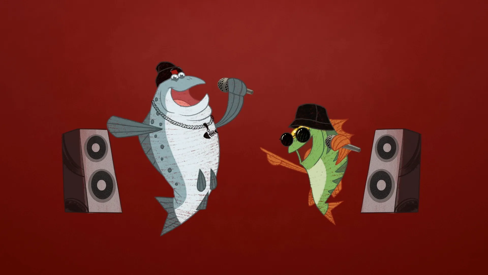 MC Salmon and MC Perch, 2D animated characters for K-Citymarket's Kalakaverit Remix ad campaign, delivering lyrics between two heavy duty speakers.