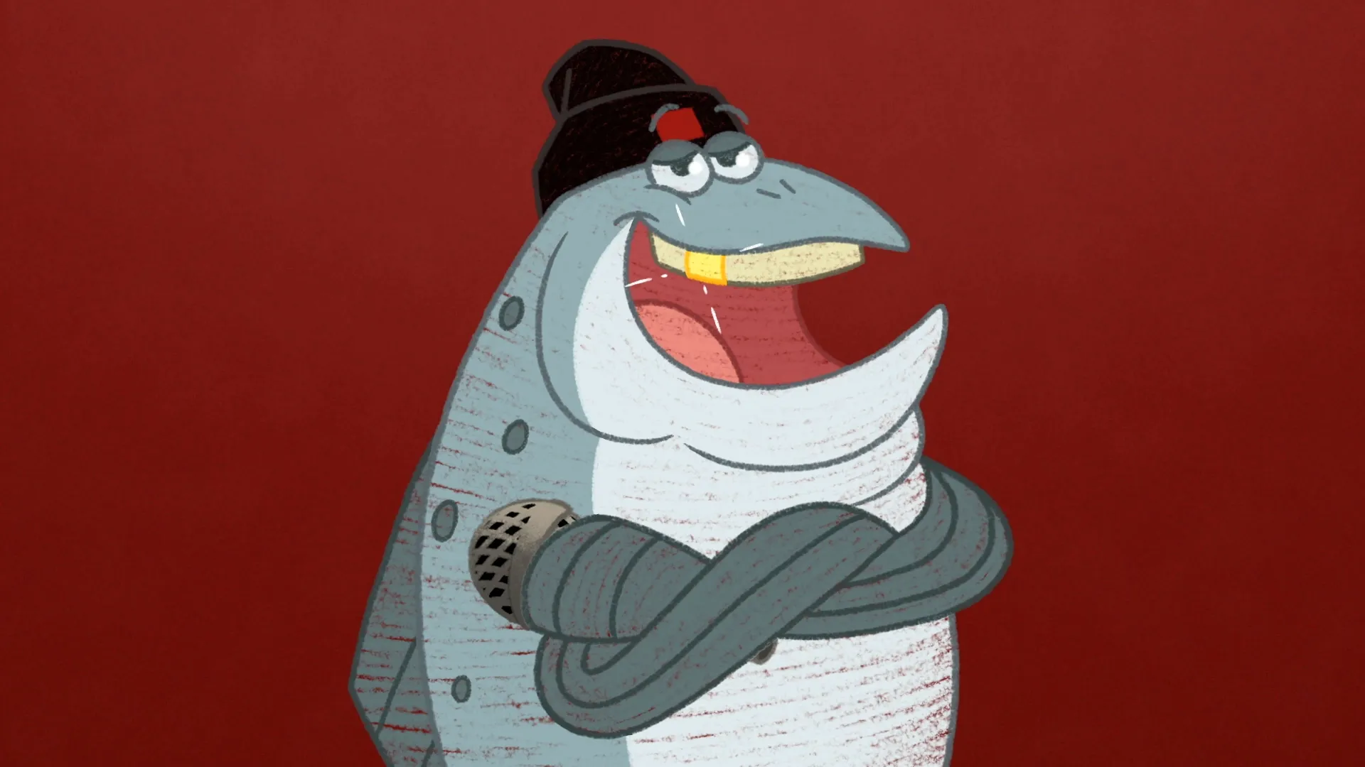 MC Salmon, a 2D illustrated and animated character with a gold teeth, made for the K-Citymarket Kalakaverit Remix ad campaign.