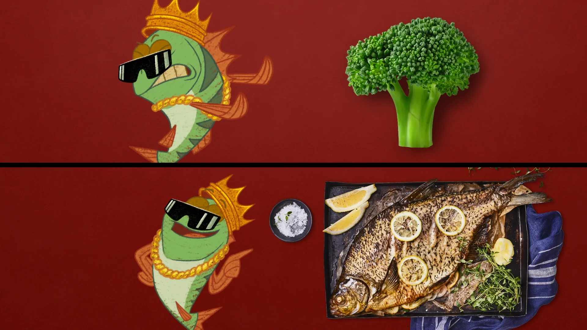 an image with the 2D illustrated and animated MC Perch from K-Citymarket Kalakaverit Remix ad, as well as photographs of broccoli and a delicious oven fried fish.