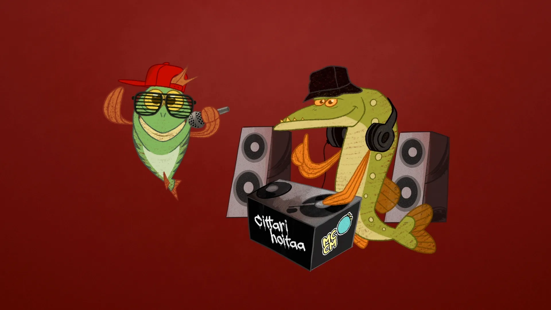 MC Perch and DJ Pike, two 2D illustrated and animated characters for K-Citymarket Kalakaverit Remix ad campaign owning the stage.