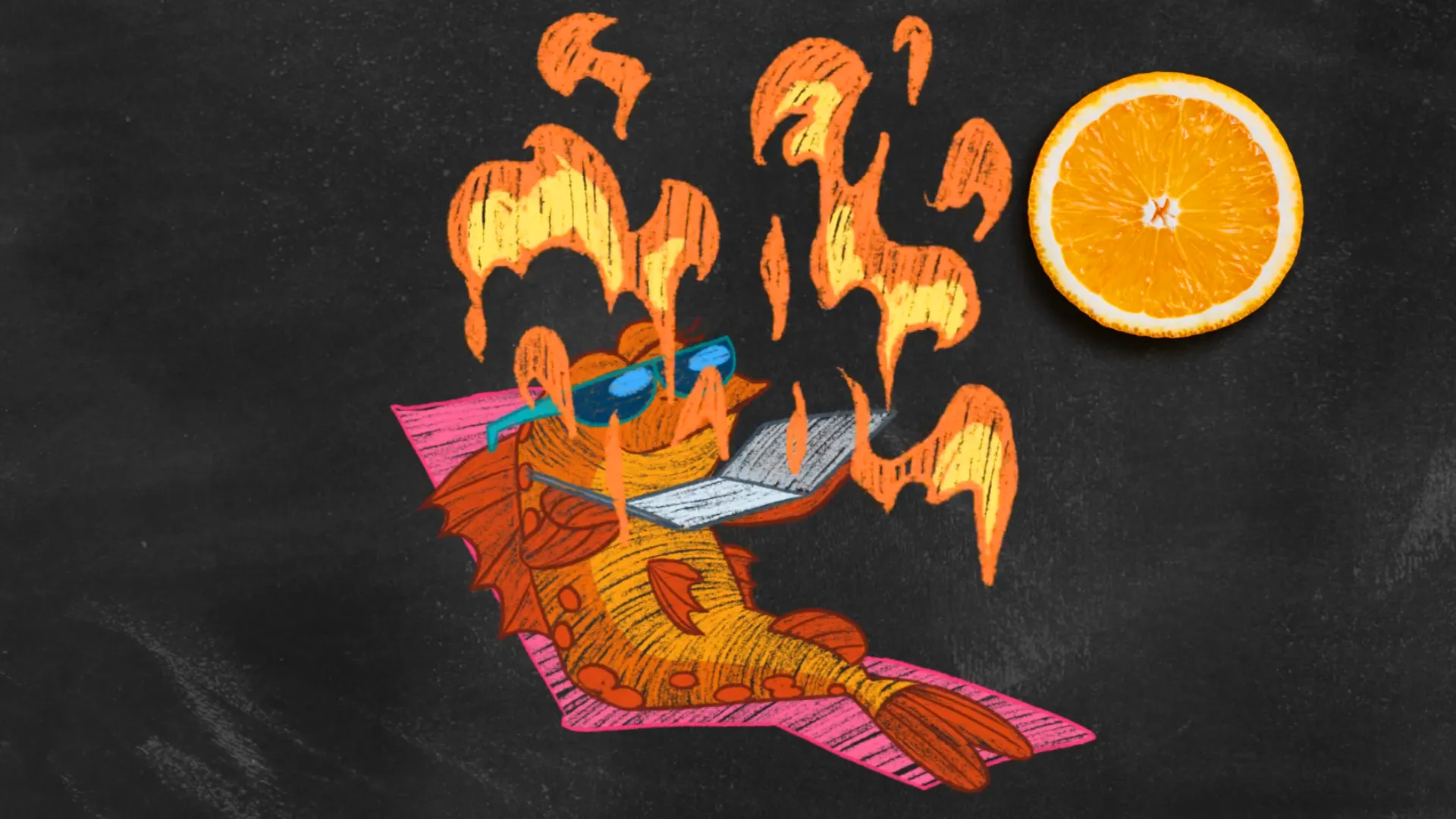 An illustrated fish taking a little sunburn, from the animated commercial for K-Citymarket Kalamestari.