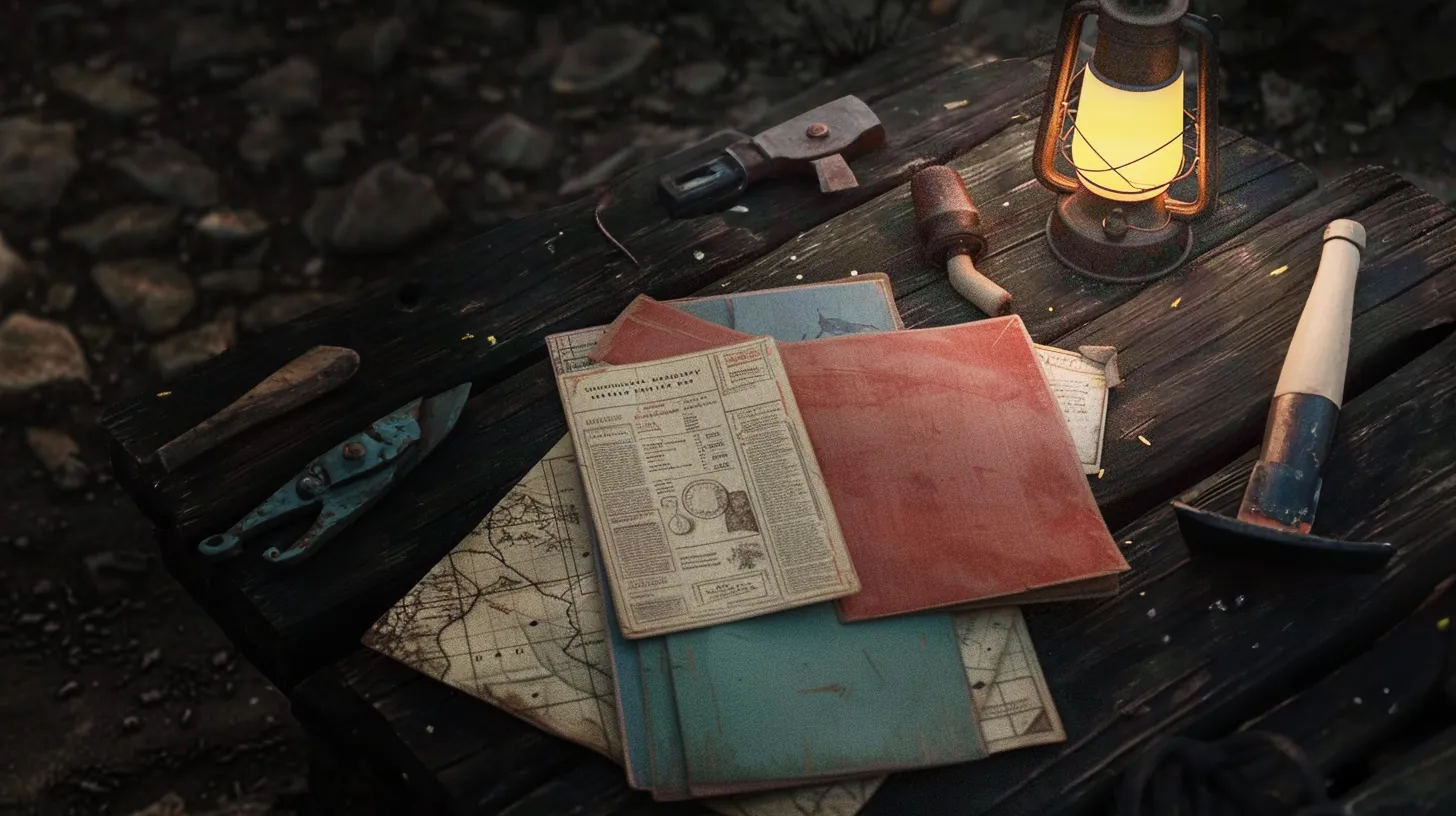 A wooden campsite table with a selection of maps, guides and tools. Everything you need when thinking about how to create high-end 3D animations.