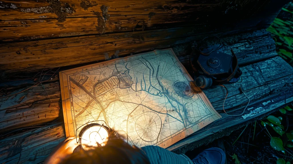 How to create impactful ideas? Mysterious outdoor adventurer with a map and an imaging device is thinking about just that.