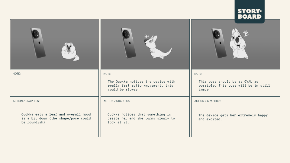 Storyboard page for the Quokka animation.