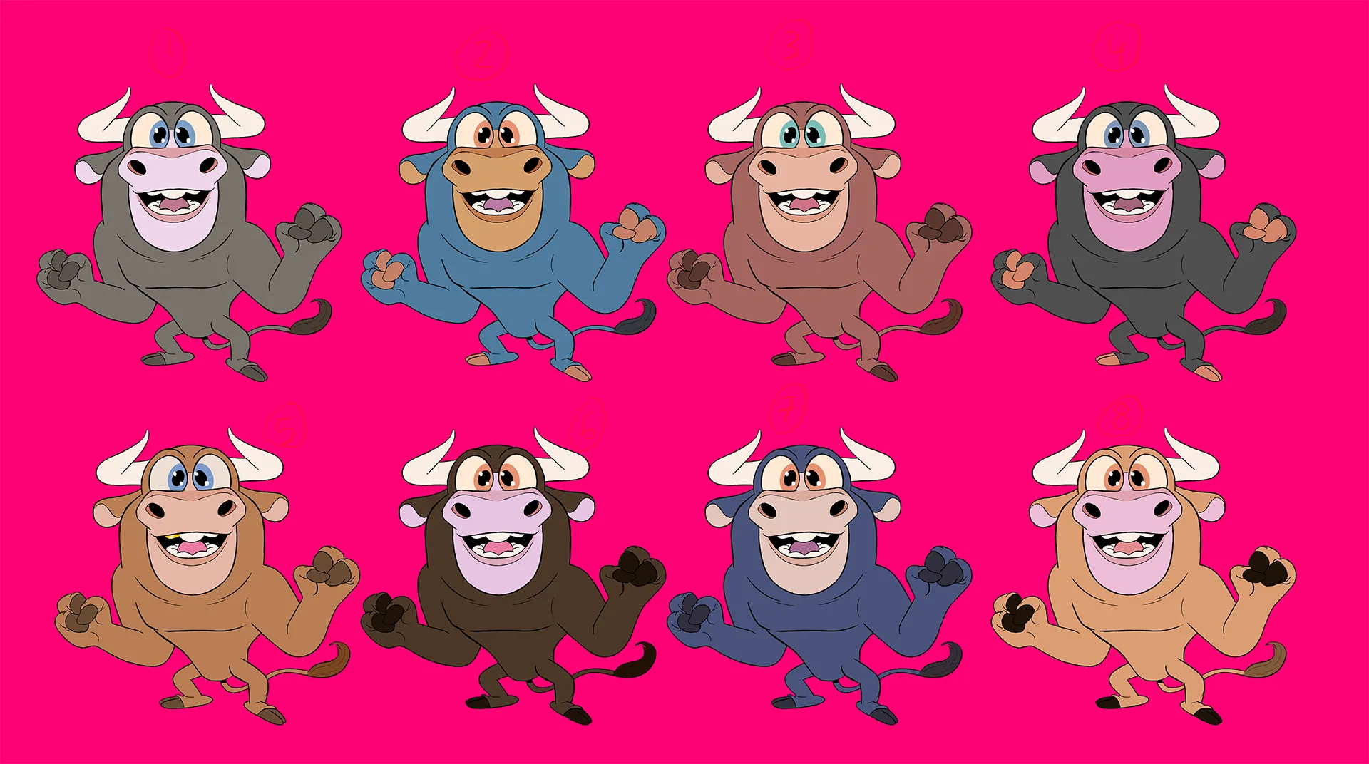 Final color drawings for the 3d character animation design process for the bull character for the project we made for DNA.