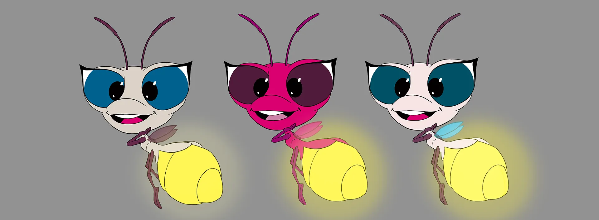 Color versions of the firefly character we made for the 3D character animation project made for the Finnish telecommications company DNA.