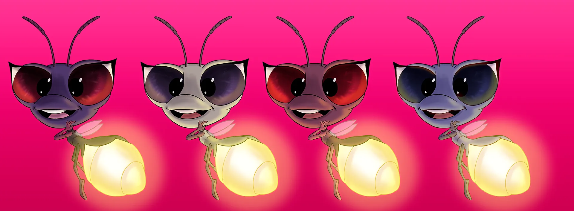 Color versions of the firefly character we made for the 3D character animation project made for the Finnish telecommications company DNA.